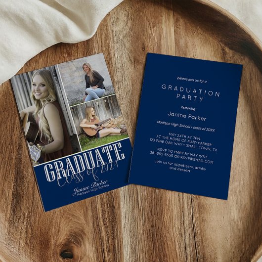 Invitation Simple moderne Blue Photo Graduation Party