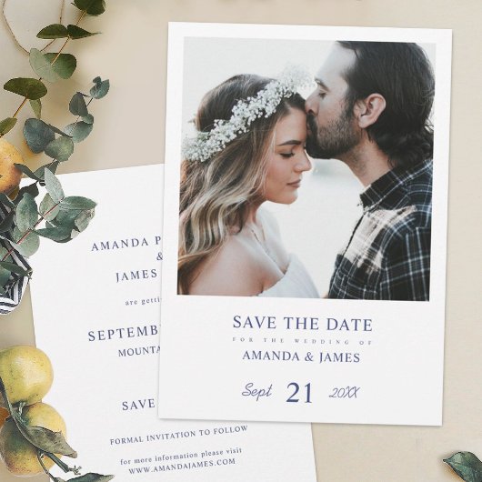 Invitation Simple moderne Blue Photo Wedding Enregistrer la d