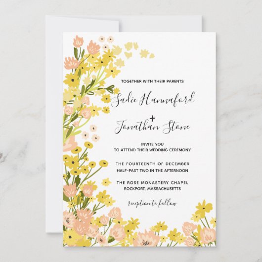 Invitation Simple moderne Boho jaune rose Mariage floral (Devant)