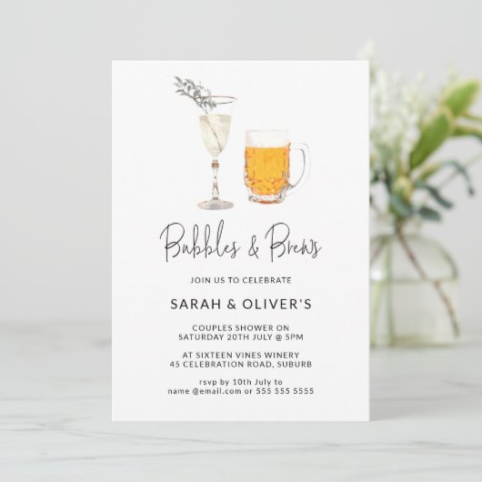 Invitation Simple Moderne Bubbles & Brews Couples Douche (Debout devant)
