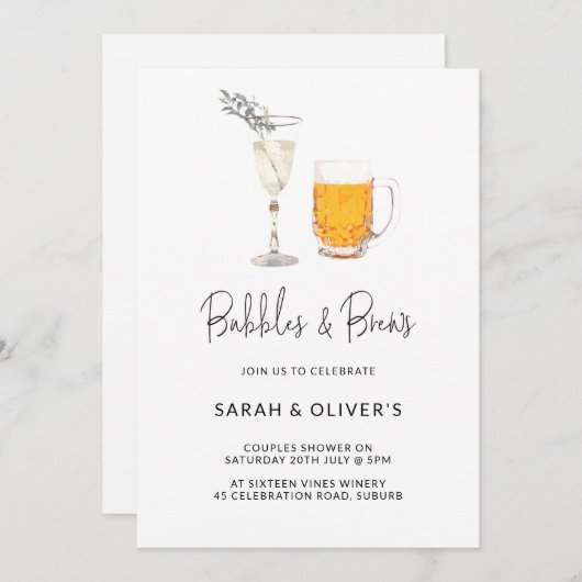 Invitation Simple Moderne Bubbles & Brews Couples Douche Phot (Devant / Derrière)