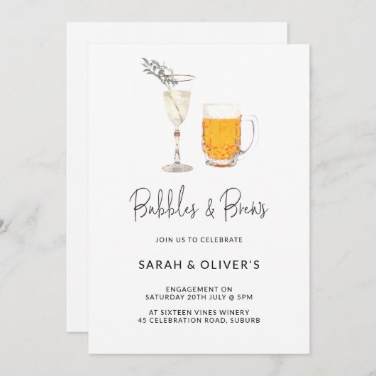 Invitation Simple Moderne Bubbles & Brews Fiançailles Photo I (Devant / Derrière)