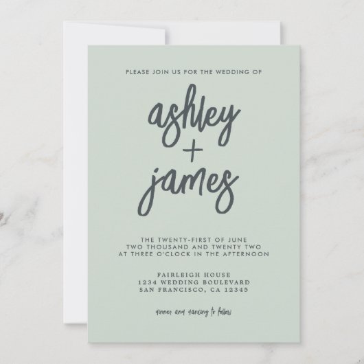 Invitation Simple Moderne Calligraphie Pastel Green Mariage (Devant)
