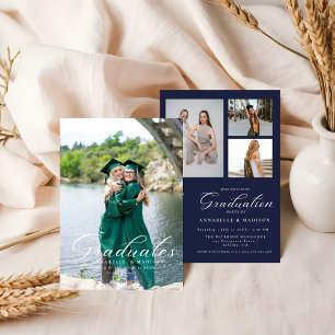Invitation Simple Moderne Calligraphie Photo Bleu Graduation