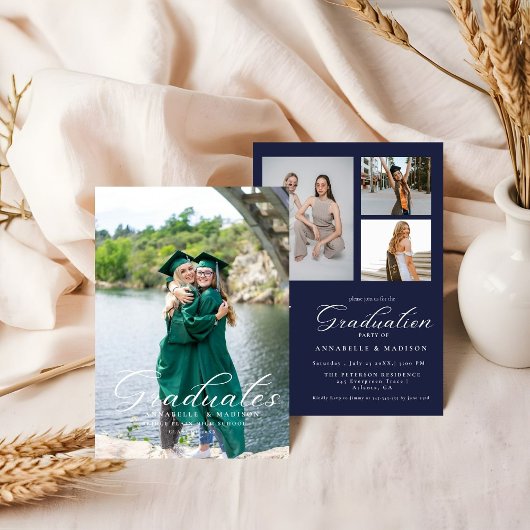 Invitation Simple Moderne Calligraphie Photo Bleu Graduation