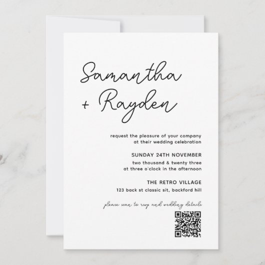 Invitation Simple Moderne Calligraphie Photo QR Code Mariage (Devant)