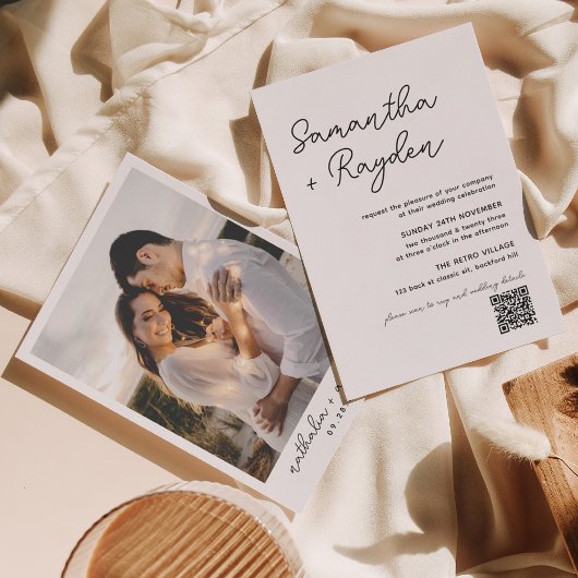 Invitation Simple Moderne Calligraphie Photo QR Code Mariage