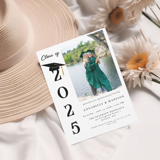 Invitation Simple Moderne Calligraphie Photo Twin Graduation