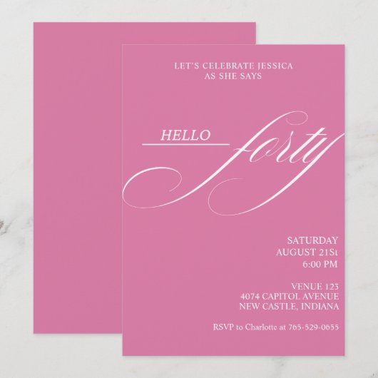 Invitation Simple Moderne Calligraphie Quarante 40e Fête d'An (Devant / Derrière)