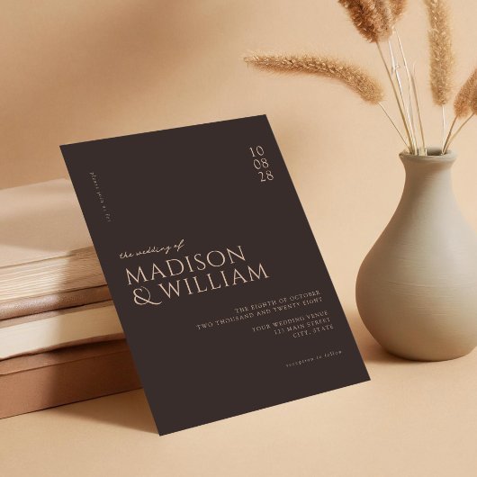 Invitation Simple moderne chic foncé Mariage Brown