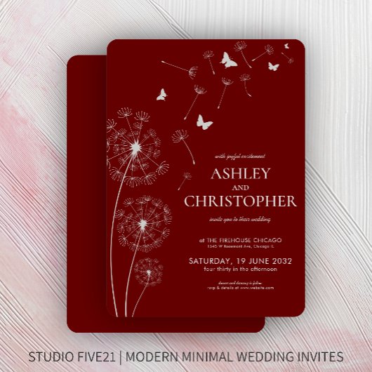 Invitation Simple moderne Crimson rouge Mariage Dandelion