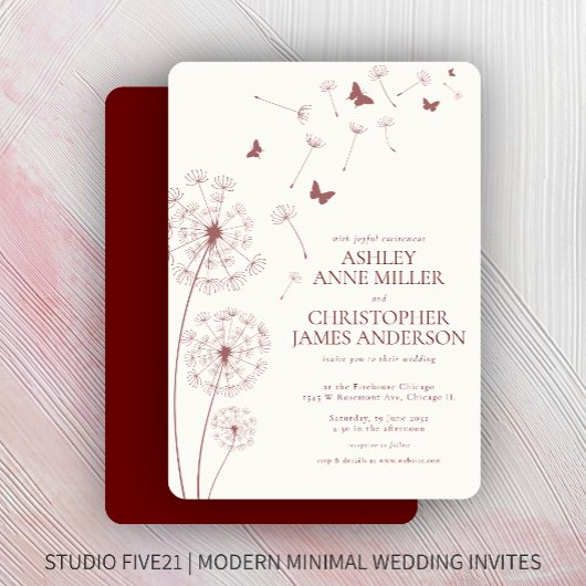 Invitation Simple moderne Crimson rouge Mariage Dandelion