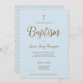 Invitation Simple moderne Croix Bleue Or Baptême (Devant / Derrière)