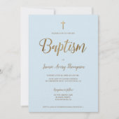 Invitation Simple moderne Croix Bleue Or Baptême (Devant)