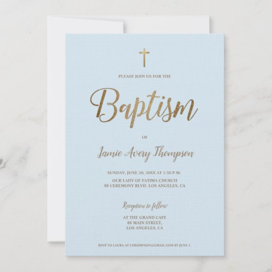 Invitation Simple moderne Croix Bleue Or Baptême (Devant)