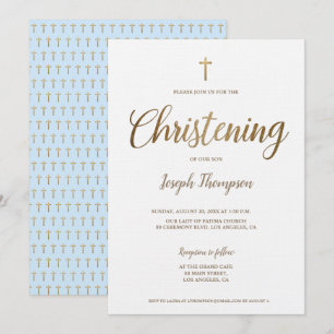 Invitation Simple moderne Croix d'or garçon bleu Christening