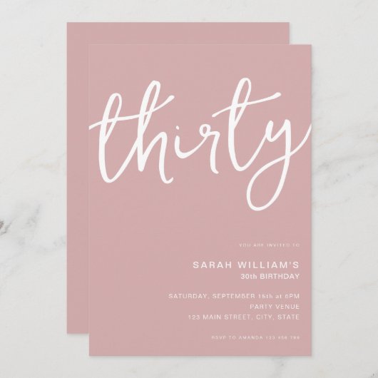 Invitation Simple moderne Dusty Rose 30e anniversaire (Devant / Derrière)