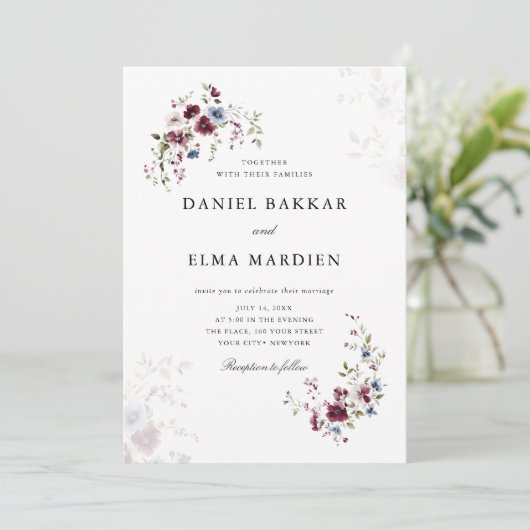 Invitation Simple moderne élégant Mariage floral Boho Bourgog (Debout devant)