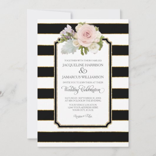Invitation Simple moderne Elegant noir blanc bande avec or (Devant)