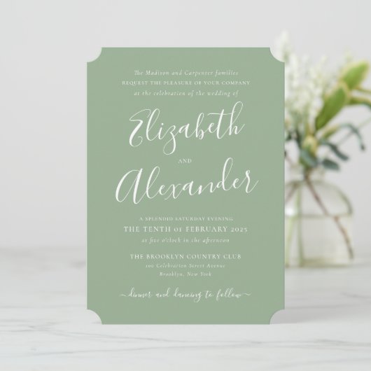 Invitation Simple moderne élégant Script Sage Mariage vert (Debout devant)