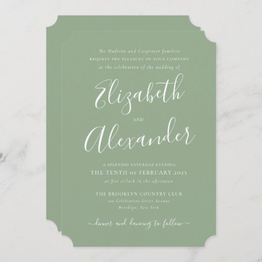 Invitation Simple moderne élégant Script Sage Mariage vert (Devant / Derrière)