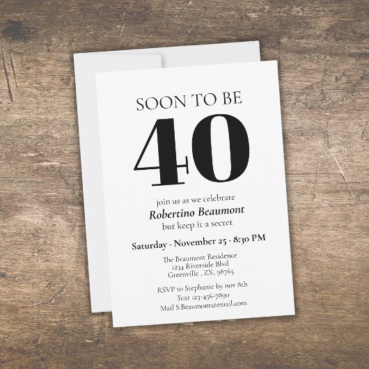 Invitation Simple Moderne Fête Surprise pour 40 ans