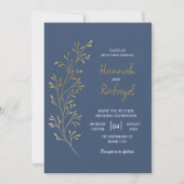 Invitation Simple Moderne Feuille D'or Bleue Mariage (Devant)