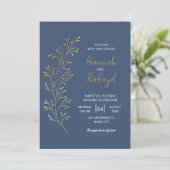 Invitation Simple Moderne Feuille D'or Bleue Mariage (Debout devant)
