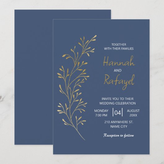 Invitation Simple Moderne Feuille D'or Bleue Mariage (Devant / Derrière)