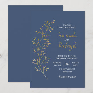 Invitation Simple Moderne Feuille D'or Bleue Mariage