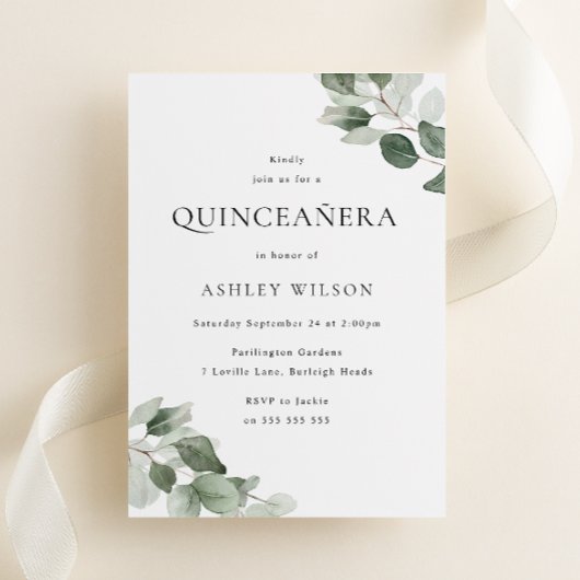 Invitation Simple moderne Feuille verte Quinceanera 15e anniv