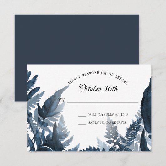 Invitation Simple Moderne Forêt Fougère Bleu et Blanc RSVP (Devant / Derrière)