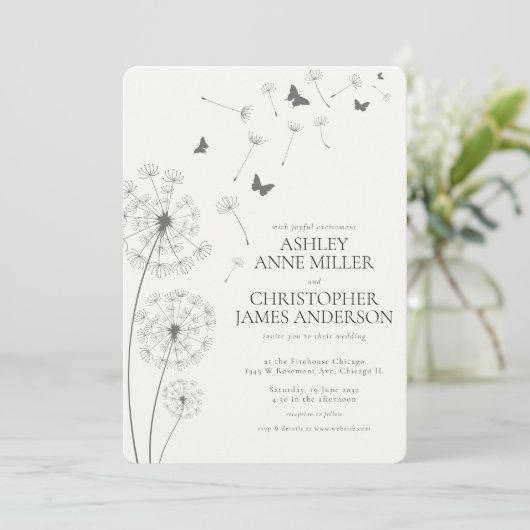 Invitation Simple moderne Fumée Mariage noir Dandelion (Debout devant)
