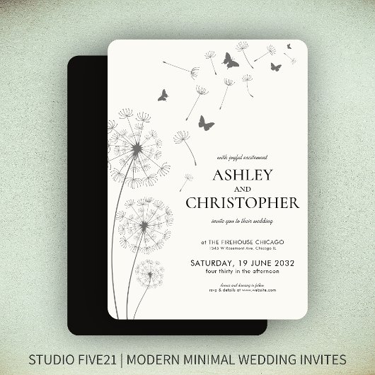 Invitation Simple moderne Fumée Mariage noir Dandelion