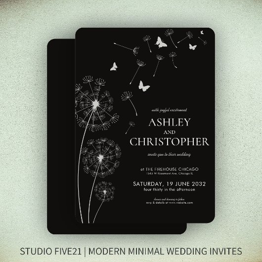 Invitation Simple moderne Fumée Mariage noir Dandelion
