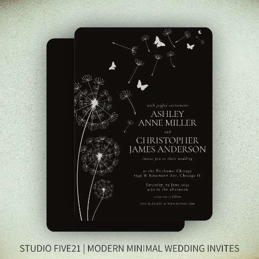 Invitation Simple moderne Fumée Mariage noir Dandelion