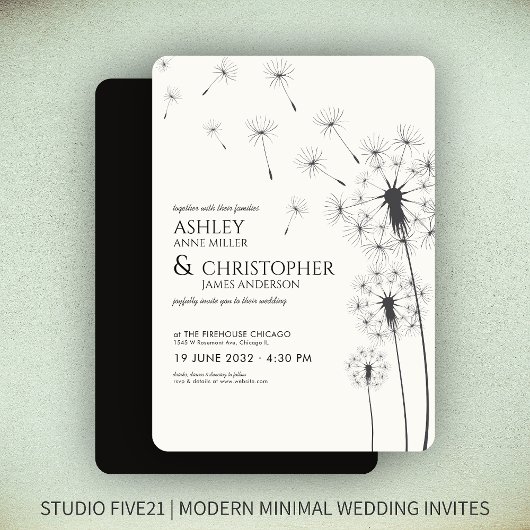 Invitation Simple moderne Fumée Mariage noir Dandelion