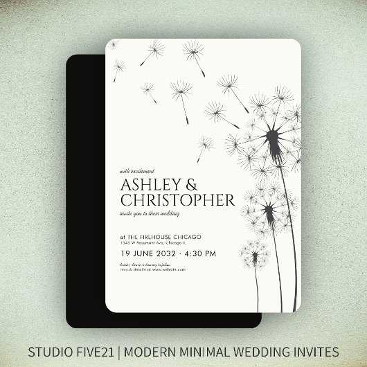 Invitation Simple moderne Fumée Mariage noir Dandelion