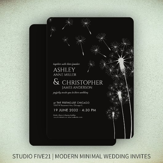 Invitation Simple moderne Fumée Mariage noir Dandelion
