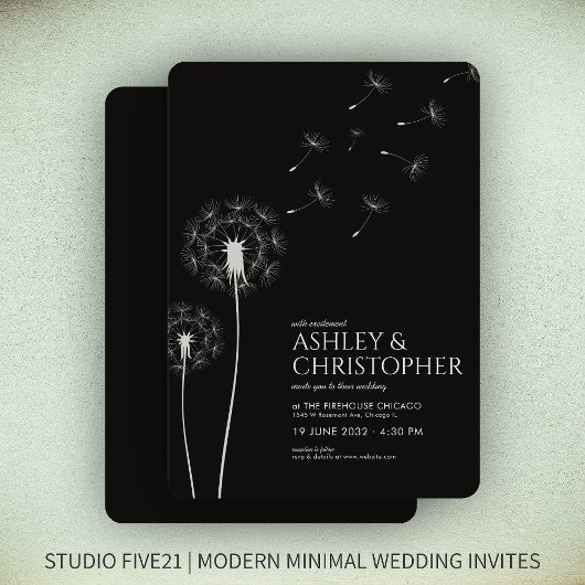Invitation Simple moderne Fumée Mariage noir Dandelion