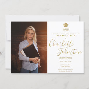 Invitation Simple moderne Gold Script Graduation Party Photo