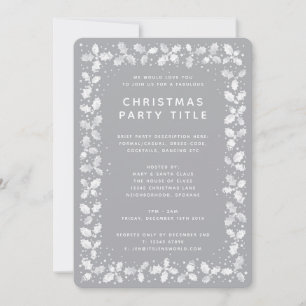 Invitation Simple moderne Gris + Blanc Holly Noël Party