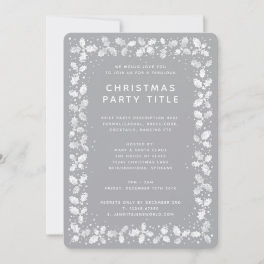 Invitation Simple moderne Gris + Blanc Holly Noël Party (Devant)