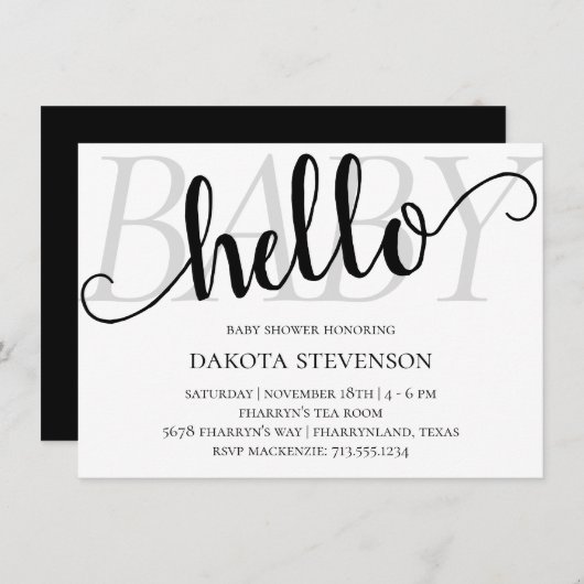 Invitation Simple moderne Hello Baby | Flourish Script Douche (Devant / Derrière)