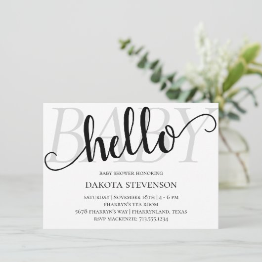 Invitation Simple moderne Hello Baby | Flourish Script Douche (Debout devant)
