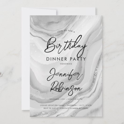 Invitation Simple moderne Marbre d'argent Dîner d'anniversair (Devant)