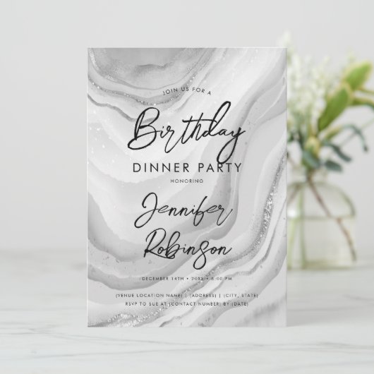 Invitation Simple moderne Marbre d'argent Dîner d'anniversair (Debout devant)
