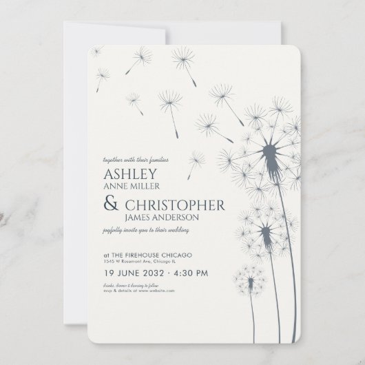 Invitation Simple moderne Mariage bleu Dandelion (Devant)
