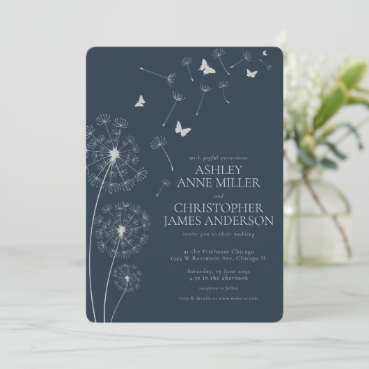 Invitation Simple moderne Mariage bleu Dandelion (Debout devant)