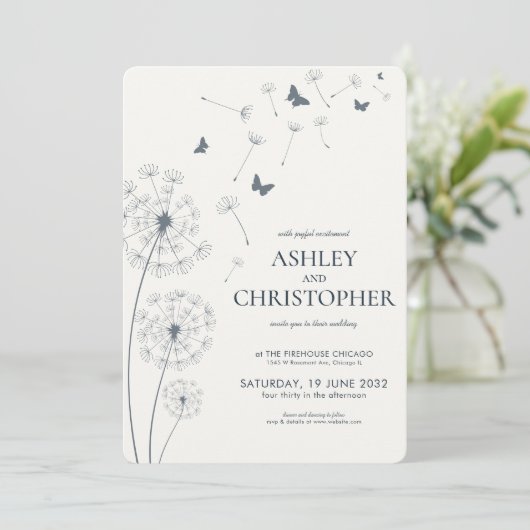 Invitation Simple moderne Mariage bleu Dandelion (Debout devant)